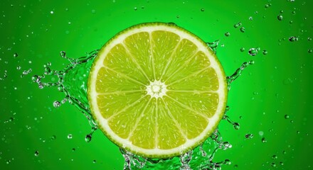 A fresh lime slice bursts out of water, capturing a vibrant, refreshing moment on a green background.
