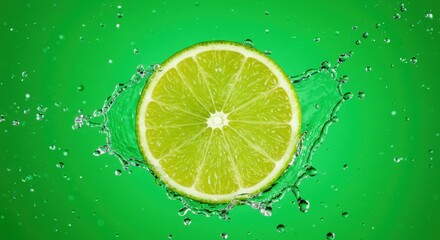 A sliced lime bursts with water, creating a refreshing and vibrant display against green.