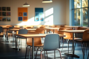 Bright cafeteria featuring minimalist tables and chairs with natural lighting effects