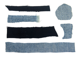 Set of scraps of blue jeans piece texture isolated on white background with clipping path.