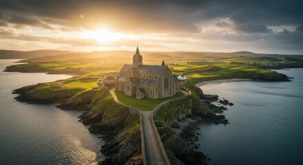 Fototapeta premium Spectacular aerial view of the historic cathedral on the beautiful Irish coast at sunset.