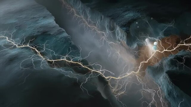 A dramatic depiction of tectonic plates where bright energy bursts illustrate the flow of geothermal power captured through an extensive network of piezo layers integrated into the