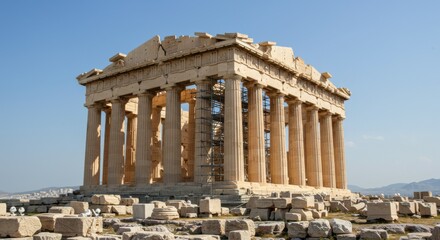 Obraz premium A stunning view of the Parthenon, a renowned ancient temple located in Athens, Greece, on a sunny day.