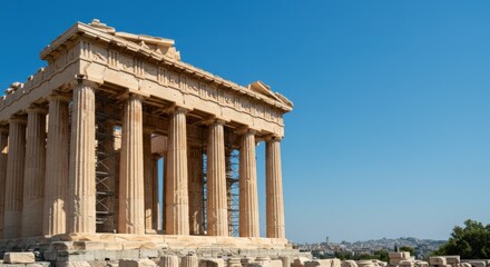 Naklejka premium The majestic Parthenon, a historic landmark, is set against a clear blue sky in Athens, Greece.