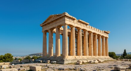 Obraz premium The iconic Parthenon temple on the Acropolis hill in Athens, Greece, under a bright blue sky.