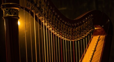 A golden-toned harp is illuminated, showcasing its strings and intricate details beautifully.