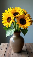 Fototapeta premium Vibrant sunflower arrangement in a rustic vase , bouquet, sunny