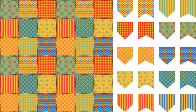 São João patchwork bandeirinhas de São joão festa junina seamless pattern. Set of são joão flags