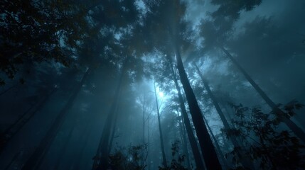 Fototapeta premium Misty Forest Canopy With Sunlight Filtering Through Trees, Representing Natural Beauty and Environmental Awareness for Travel and Ecotourism Campaigns : Generative AI