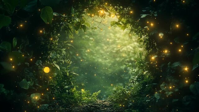 Enchanted forest frame with glowing fireflies