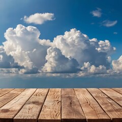 Wooden deck over dramatic cumulus clouds blue sky