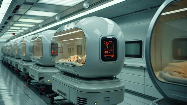 Futuristic medical pods lined up in a sterile hallway. Sci-fi concept showcasing advanced healthcare technology and cryogenic preservation