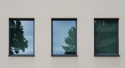Three rectangular windows with tree reflections and blinds on a textured, cream-colored wall.