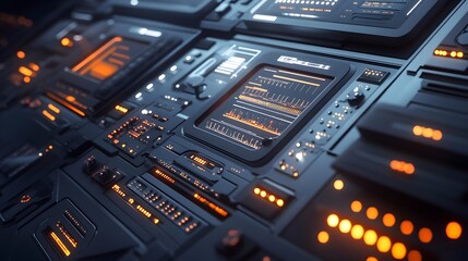 Futuristic panel with glowing orange accents.