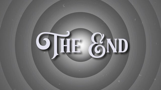 the end text animation.vintage film ending screen, black and white movie outro, retro cinematic text