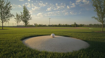 The pitcher's mound in the foreground, with a white leather baseball lying on top and the baseball diamond stretching into the distance.