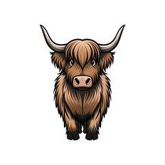 Cute Cartoon Highland Cow Front View Vector Illustration