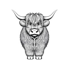 Hand-Drawn Highland Cow Front View Illustration in Vintage Black and White Style