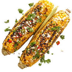 Grilled Mexican Street Corn with Cheese, Spices, and Fresh Herbs, Perfect for Summer Barbecues and Outdoor Gatherings on transparent background