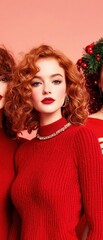Obraz premium A woman with curly red hair and red lipstick wears a red sweater and necklace, posing against a pink background in a festive setting.
