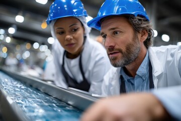 Two workers in a factory setting are inspecting a conveyor belt filled with materials. They wear protective gear, focusing on safety and quality control in their operations.