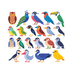 Cartoon Colorful Bird Collection for Kids on White Background