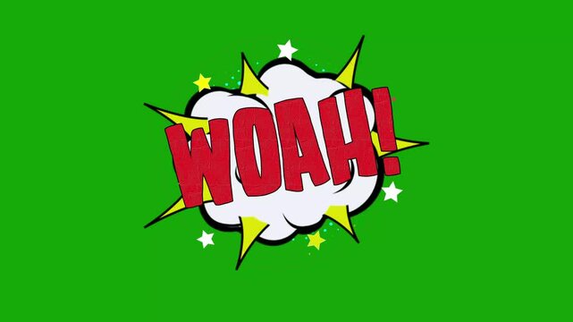 woah Word cartoon bubble explosions Popup Style Expressions Colored Bomb, woah Pop Art Comic Text Animation with Exploding Cartoon Bubbles on Green Screen Background in 4K Motion Graphics.