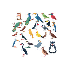 Colorful Cartoon Bird Species Collection Isolated on White Background