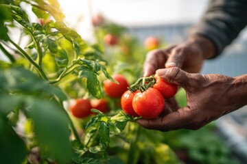 Farmer Inspecting Ripe Tomatoes on the Vine in Greenhouse, Showcasing Sustainable Agriculture and Local Food Production : Generative AI