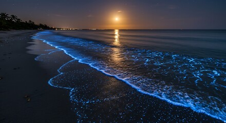 Fototapeta premium The ocean's edge glows with a magical blue light under the moonlight, creating a breathtaking natural spectacle on the sandy beach.