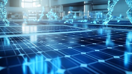 Obraz premium Abstract depiction of photovoltaic panels with digital data overlays.