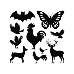 Wild Animal and Bird Silhouette Vector Pack – Deer, Rooster, Bat, Butterfly Icons