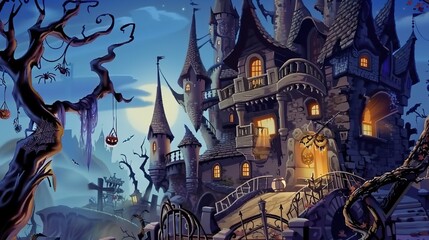 Obraz premium Enchanting Cartoon Halloween Castle Clipart: Whimsical, Spooky & Playful Illustrations for Festive Designs, Party Decor, and Digital Projects