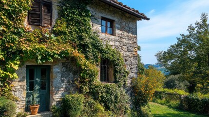 Charming stone house with ivy facade nestled in a serene landscape