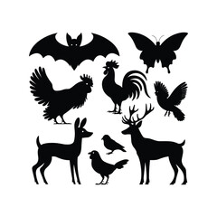 Wild Animal and Bird Silhouette Vector Set – Bat, Butterfly, Deer, Rooster & More