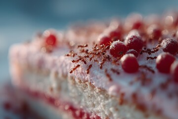 Close-up of ants swarming a cake adorned with red berries, highlighting the interaction between nature and sweet treats.
