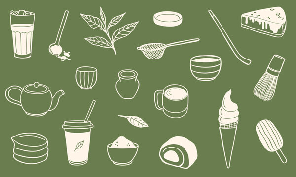 doodle matcha sketch hand drawn illustration icon collection set