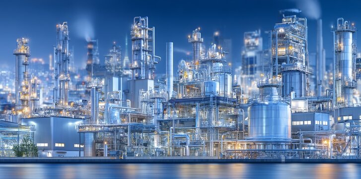 Stock facilities for green renewable energy production include a hydrogen power plant with large steel tanks and pipes, based on the H2 energy concept