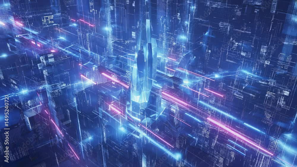 Poster Cyberpunk Cityscape with Neon Lights and Data Streams