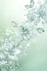 Crystal-clear water flowers bloom, adorned with glistening droplets, against a soft green backdrop