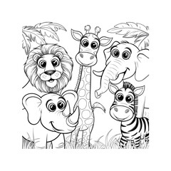 Cute Jungle Animals Coloring Page Vector Illustration