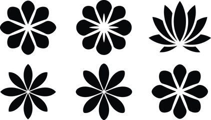 Six black silhouettes of different flowers