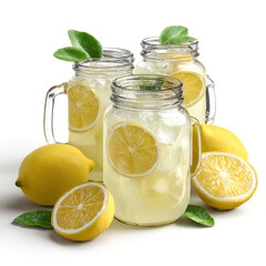 Refreshing Lemonade in Mason Jars with Lemons and Leaves,