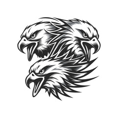 Three Aggressive Eagle Heads Vector Illustration in Monochrome Style
