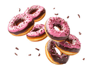 group of donuts falling with chocolate chips, cut out white background