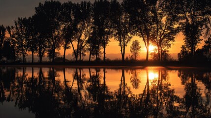 Tranquil Lake Reflecting Silhouetted Trees at Sunset, Showcasing Natural Beauty and Environmental Awareness for Travel and Tourism Campaigns : Generative AI