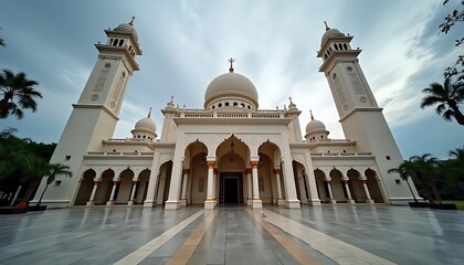 Fototapeta premium Architectural Beauty of Al Salam Mosque in Dubai Under Cloudy Sky