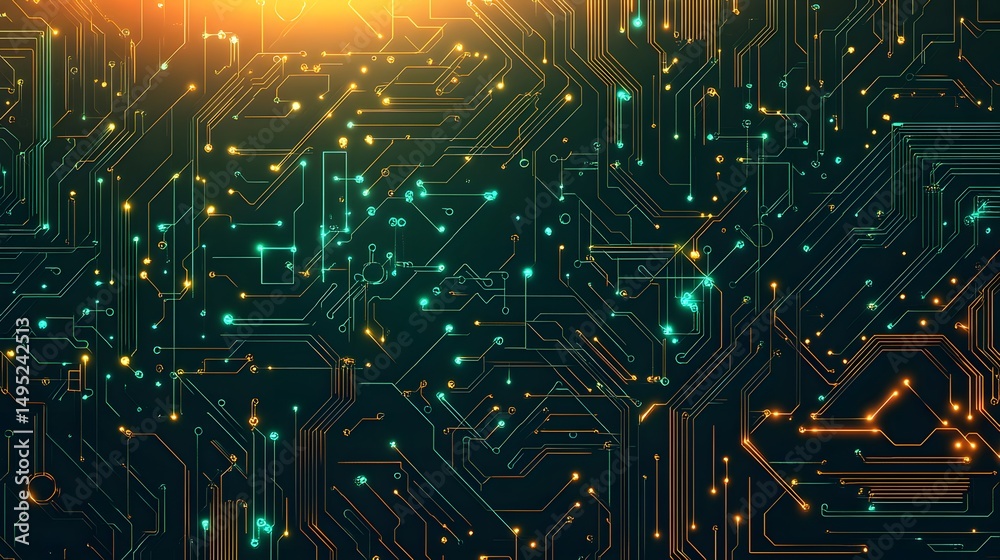 Poster abstract design of glowing circuit board patterns.