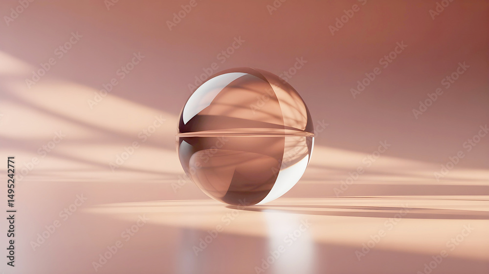 Poster A sleek, transparent crystal sphere sits on a soft pink surface, illuminated by dramatic diagonal shadows, creating a minimalist and elegant display