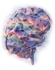 A cosmic sky background provides the setting for a multicolored human brain, illustrating the remarkable concept of human creative intellect and mind-blowing science